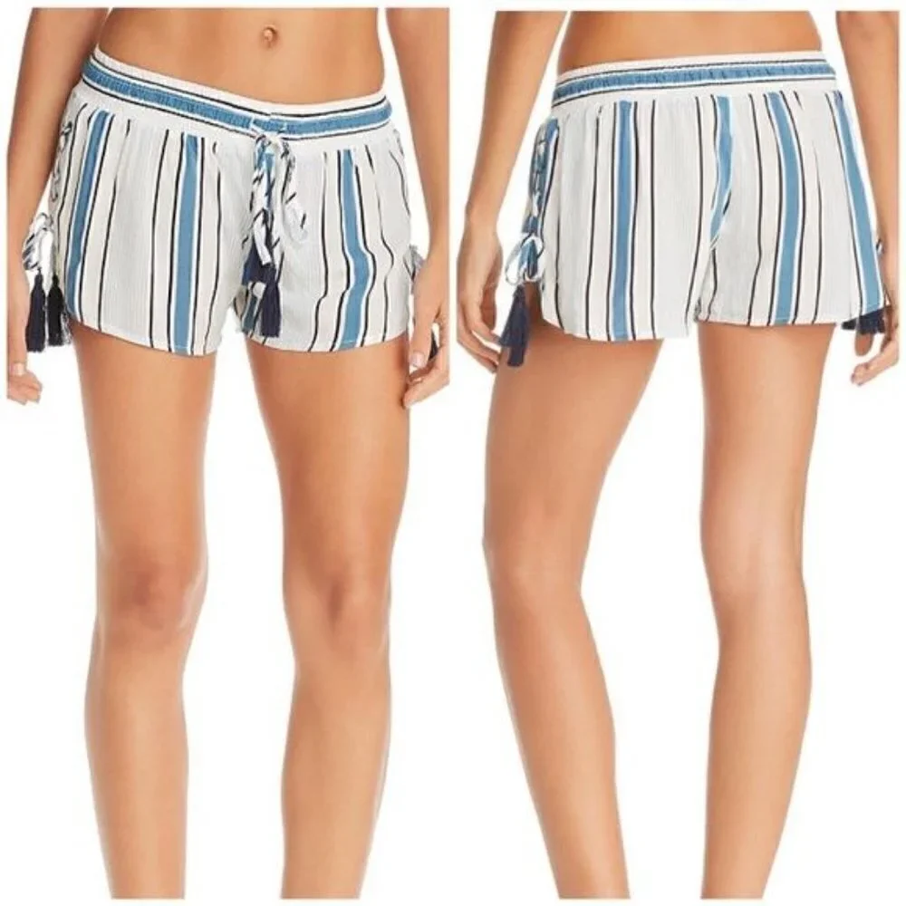 NWT Surf Gypsy Printed Side Lace Up Swim Cover Up Shorts Stripe Beach Blue Sz L